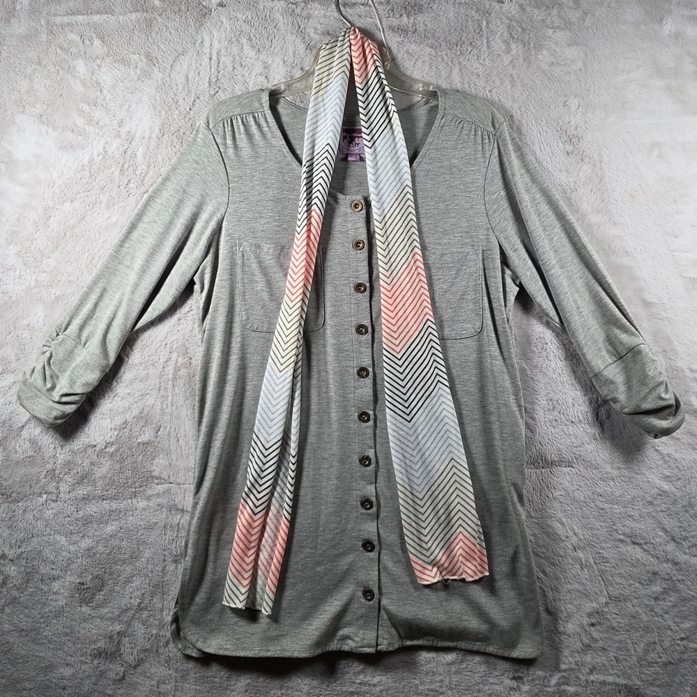City Hearts Tunic Top Womens Medium‎ Gray Button Front Ruched Sleeve Scarf Set